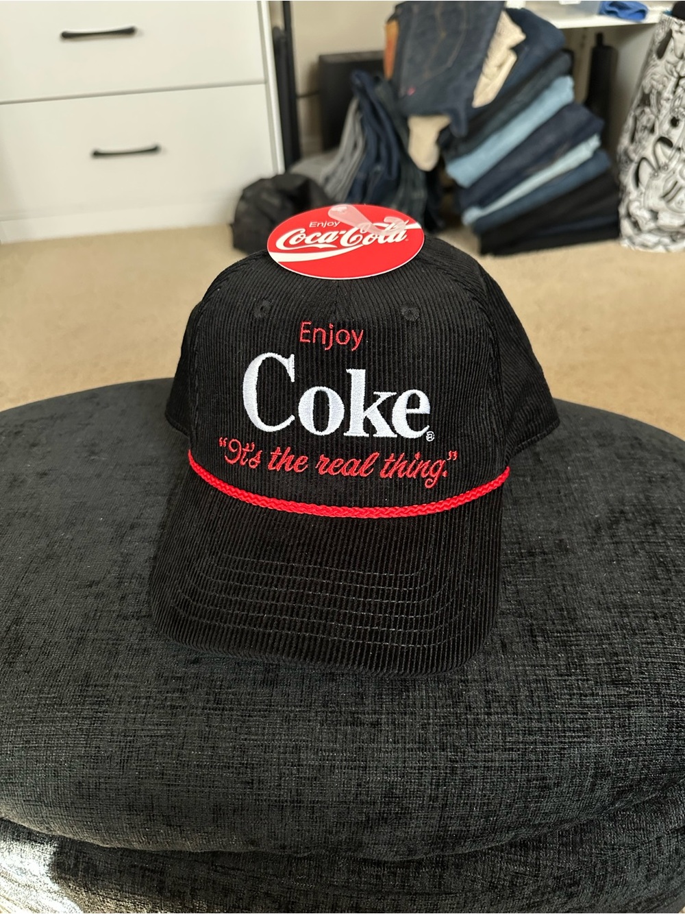Coca-Cola Black Corduroy Cap with White Logo and Red Accents